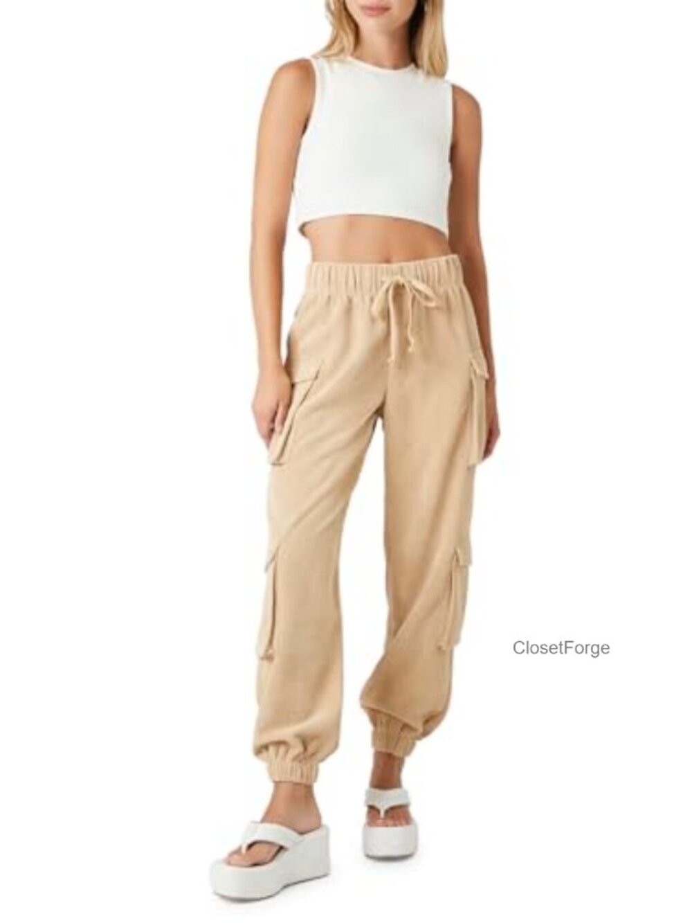 Corduroy Cargo Joggers High Rise Wide Leg Drawstring Waist